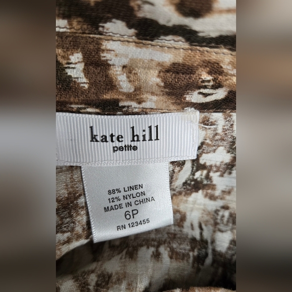 Kate Hill 6P Petite Linen Blend Collared Button Down Belted Animal Print - Picture 6 of 7